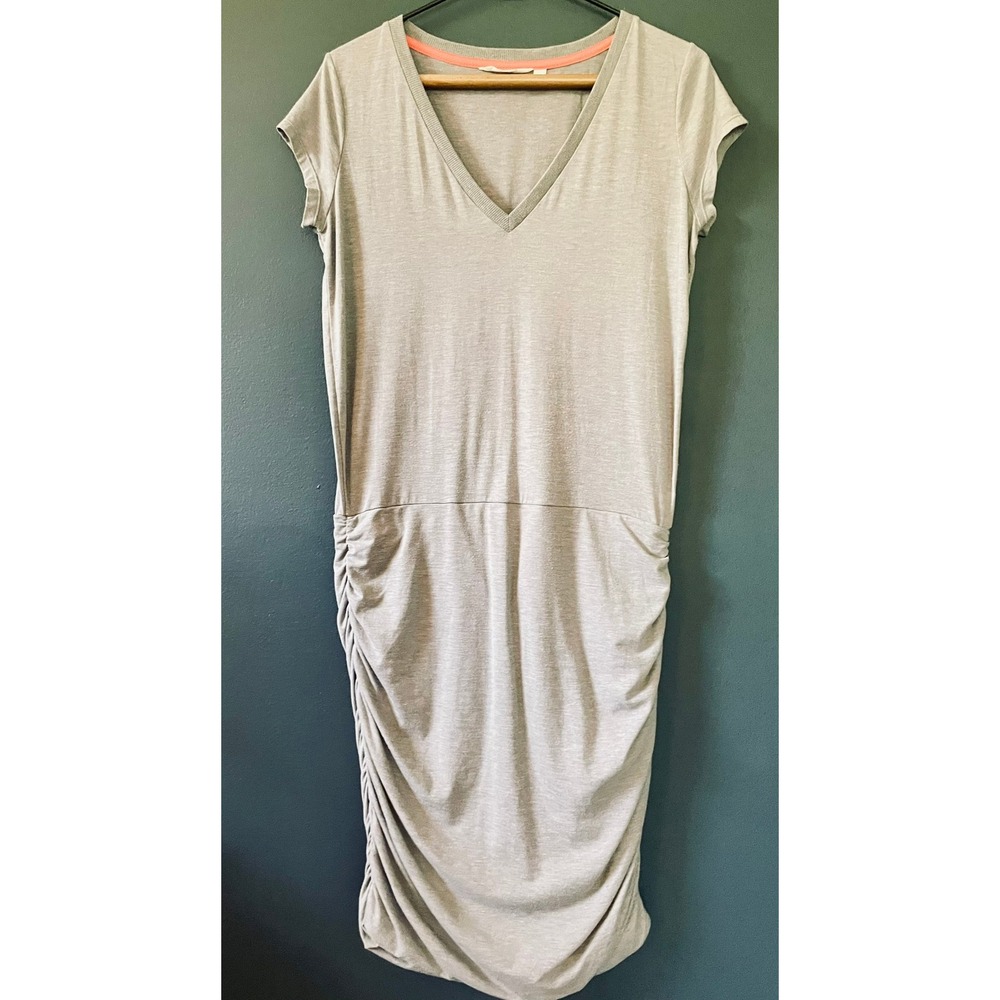 Athleta Topanga T-Shirt Dress, Heathered Gray V-Neck, Ruched Side, Drop Waist - Picture 3 of 13